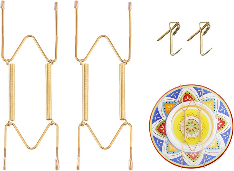 Litray 2 Pieces Plate Hangers for The Wall Suitable for 6-8 Inch Decorative Plate adjustable and stretchable,with Metal Hooks for Wall Displaying Plates Decorative & Arts(Gold) - Image 1